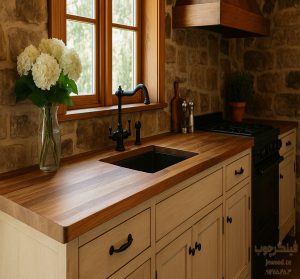 صفحه کابینت چوبی فینگر جوینت در آشپزخانه‌ روستیک